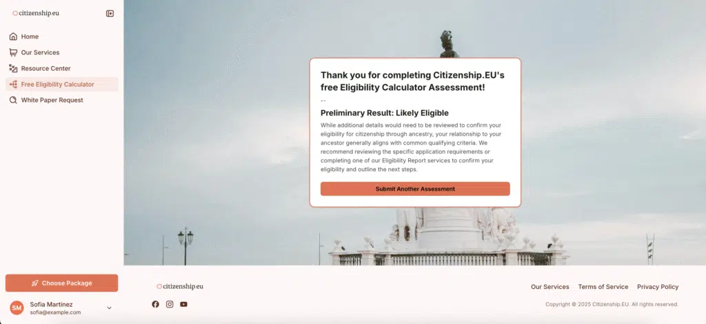 Citizenship.EU | Ancestry Dual Citizenship 2025 - Free Eligibility Calcuator Results Example
